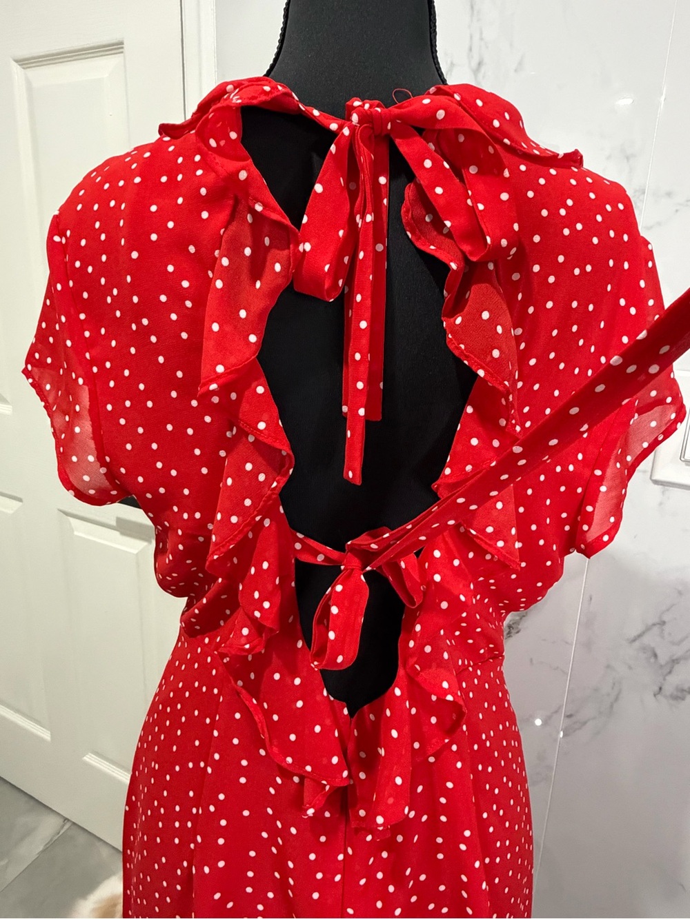 Red Polka Dot Ruffle Wrap Dress - Picture 2 of 11